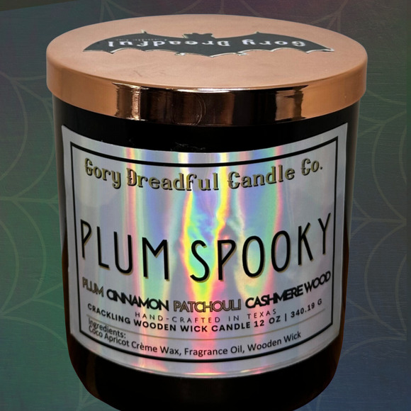 Plum Spooky Crackling Wood Wick Candle: Plum Cinnamon Patchouli Cashmere Wood - Picture 1 of 10